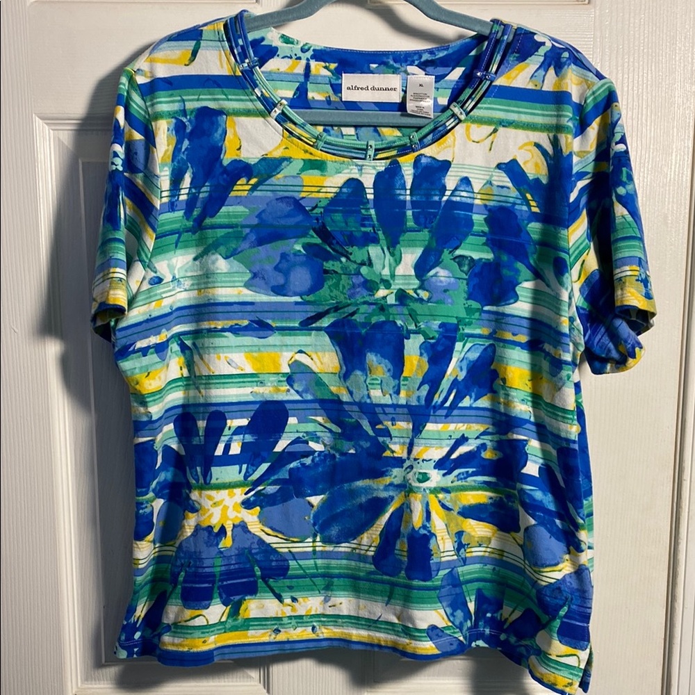Alfred Dunner Blue Floral Shirt Sleeve Top  XL